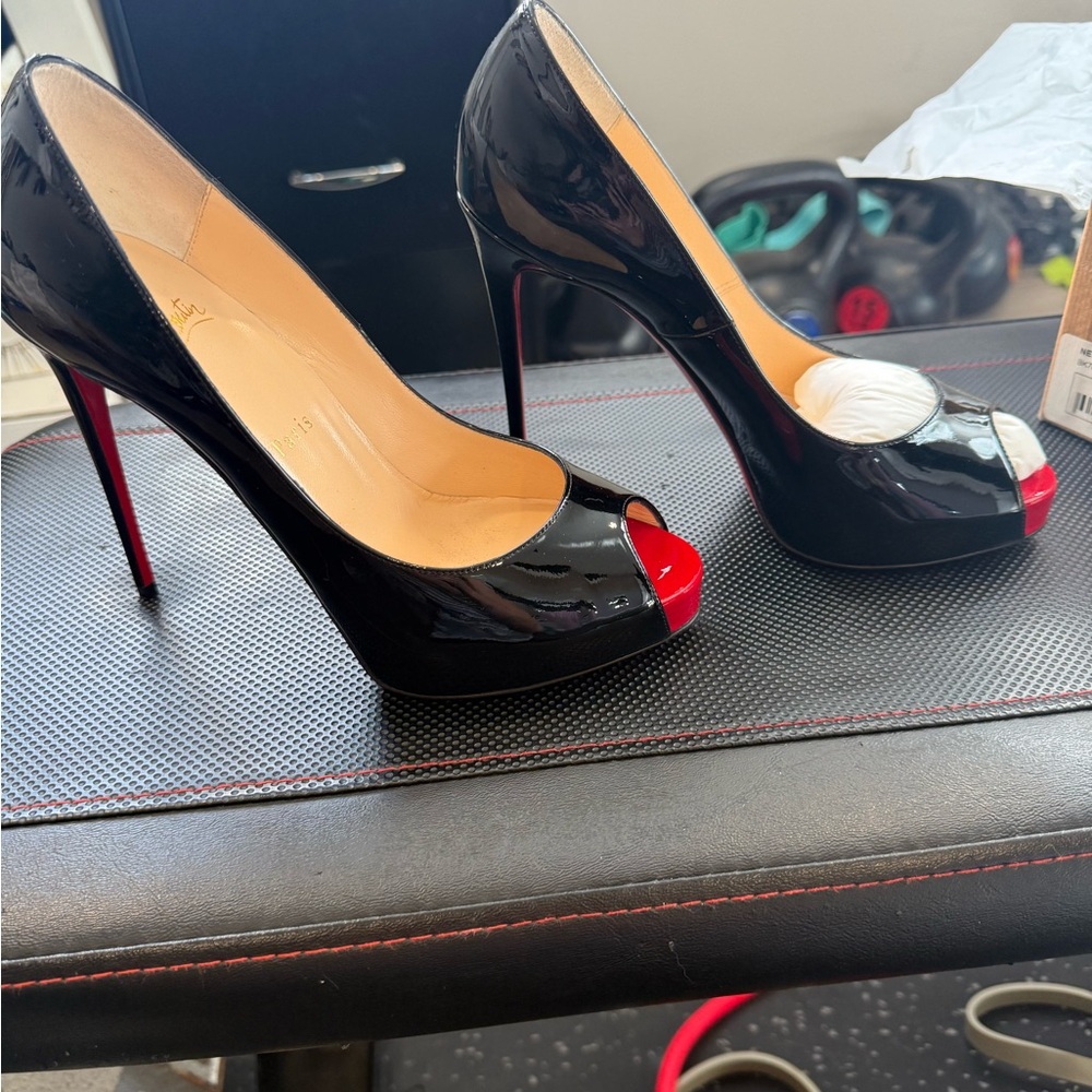 Christian Louboutin Black and Red Peep-Toe Heels